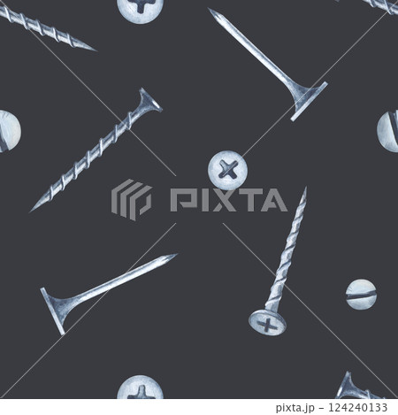 Seamless pattern with nails and screws on a dark gray background. Watercolor illustration. Ideal for packaging, wallpaper, wrapping paper. Seamless pattern with nails and screws on a dark gray background. Watercolor illustration. Ideal for packaging, wallpaper, wrapping paper. 124240133