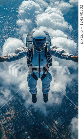 A skydiver embraces freedom, soaring through the clouds with a stunning city view beneath. A skydiver embraces freedom, soaring through the clouds with a stunning city view beneath. 124240302