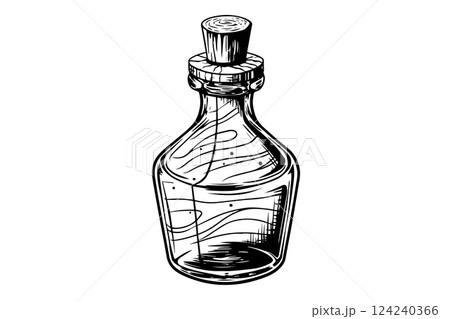 Magic bottle with potion hand drawn ink sketch. Engraved style vector illustration. Magic bottle with potion hand drawn ink sketch. Engraved style vector illustration. 124240366