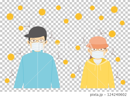 飛揚的花粉和人們採取措施預防花粉症的插圖 124240602