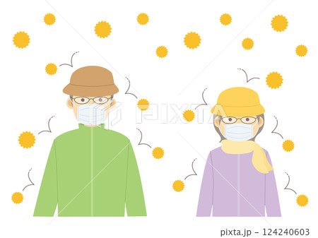 飛散する花粉と花粉症対策をするシニアのイメージイラスト 飛散する花粉と花粉症対策をするシニアのイメージイラスト 124240603