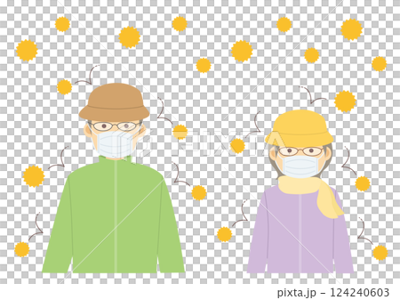 飛散する花粉と花粉症対策をするシニアのイメージイラスト 飛散する花粉と花粉症対策をするシニアのイメージイラスト 124240603