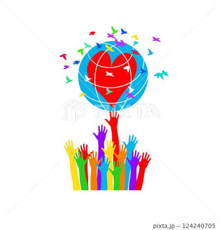 Hands support the globe with hearts surrounded by colorful birds. 124240705
