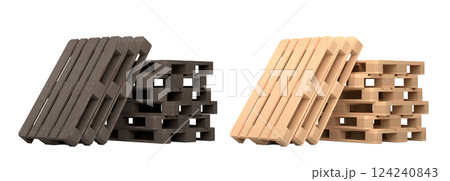 Set of wooden pallet for warehouse cargo storage isolated on white background. 3d render of tray for cargo loading and transportation, freight delivery, warehousing service equipment 124240843