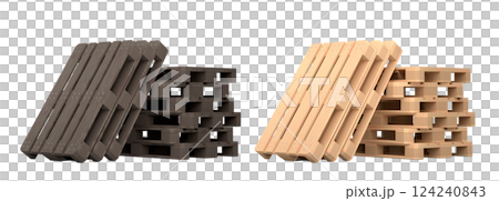 Set of wooden pallet for warehouse cargo storage isolated on white background. 3d render of tray for cargo loading and transportation, freight delivery, warehousing service equipment 124240843