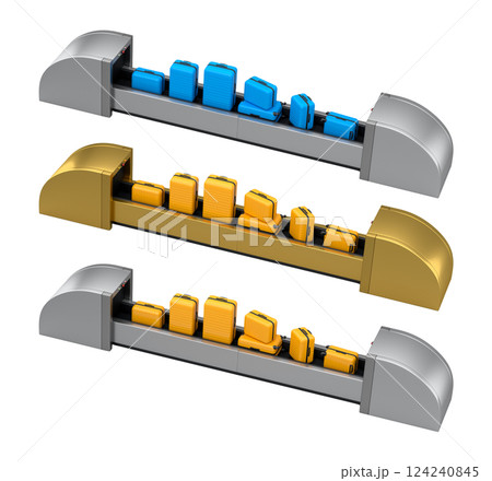 Set of Airport luggage conveyor belt or baggage claim area with suitcases on white background. 3d render of travel vacation concept. 124240845
