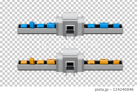 Set of Airport luggage conveyor belt or baggage claim area with suitcases on white background. 3d render of travel vacation concept. 124240846