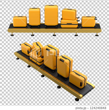 Set of Airport luggage conveyor belt, manufacture line or baggage claim area with suitcases on white background. 3d render of travel vacation concept. 124240848