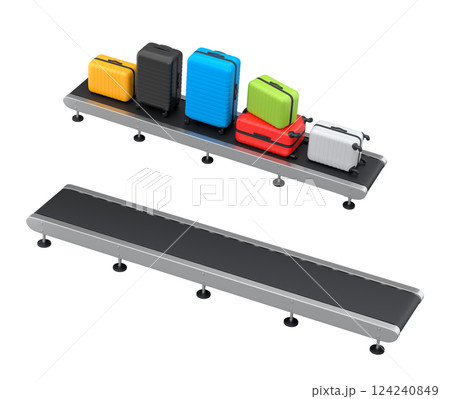 Set of Airport luggage conveyor belt, manufacture line or baggage claim area with suitcases on white background. 3d render of travel vacation concept. 124240849