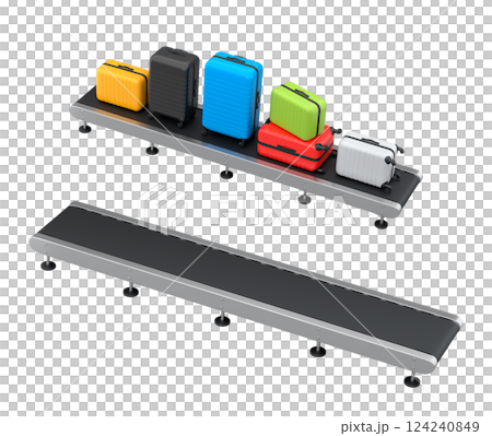 Set of Airport luggage conveyor belt, manufacture line or baggage claim area with suitcases on white background. 3d render of travel vacation concept. 124240849