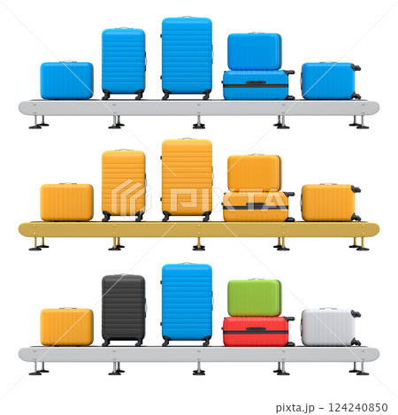 Set of Airport luggage conveyor belt, manufacture line or baggage claim area with suitcases on white background. 3d render of travel vacation concept. 124240850