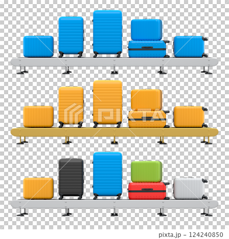 Set of Airport luggage conveyor belt, manufacture line or baggage claim area with suitcases on white background. 3d render of travel vacation concept. 124240850