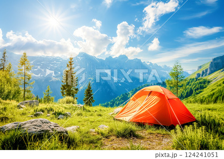 Camping in mountains at sunny day 124241051