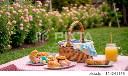 Lunch in the park on the green grass. Summer sunny day and picnic basket 124241166