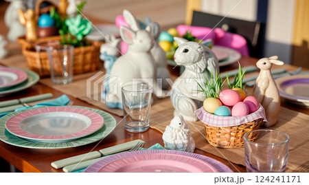 Easter traditional bread, austrian ostern zopf, greek tsoureki and red eggs on a table, still life 124241171
