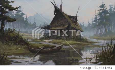 森の中にあるボロボロの一軒家とボート 森の中にあるボロボロの一軒家とボート 124241263