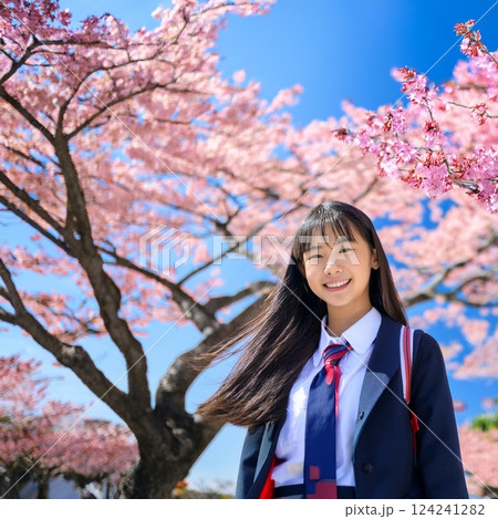 新学期を迎えた一人の女子高校生、桜の木の下でたたずむ様子 124241282