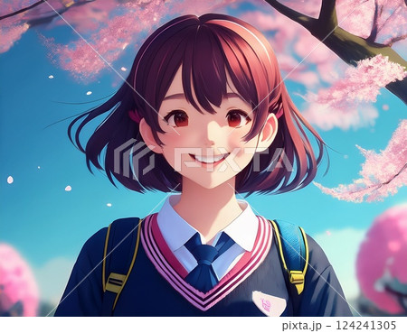新学期を迎えた一人の女子高校生、桜の木の下でたたずむ様子 124241305