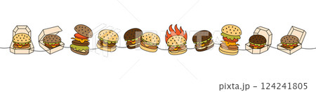 Burger set one line colored continuous drawing. Traditional American fast food. Hand drawn elements for cafe menu, restaurants. Burger set one line colored continuous drawing. Traditional American fast food. Hand drawn elements for cafe menu, restaurants. 124241805