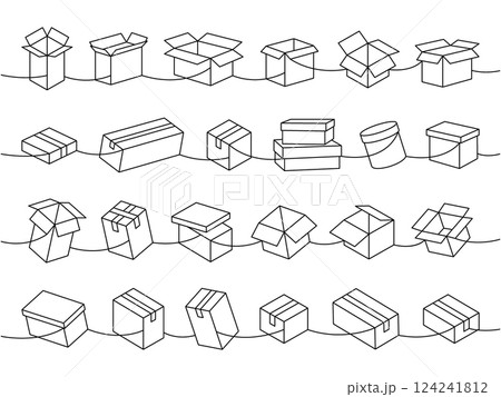 Delivery boxes set. Present gift boxes one line continuous drawing. Vector illustration. Delivery boxes set. Present gift boxes one line continuous drawing. Vector illustration. 124241812