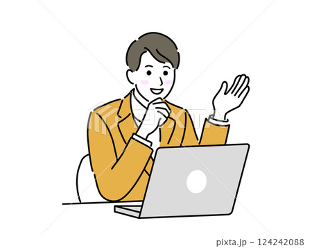 ノートパソコンの前で案内をするビジネスパーソンのイラスト素材 124242088
