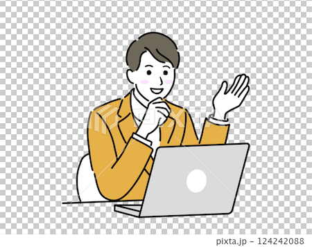 ノートパソコンの前で案内をするビジネスパーソンのイラスト素材 124242088