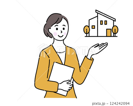 戸建て住宅の案内を行う不動産の営業のスーツの女性 124242094
