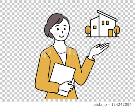 A woman in a suit working as a real estate salesperson showing a detached house 124242094