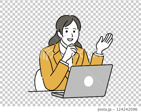 ノートパソコンの前で明るい表情をするビジネスウーマン ノートパソコンの前で明るい表情をするビジネスウーマン 124242096