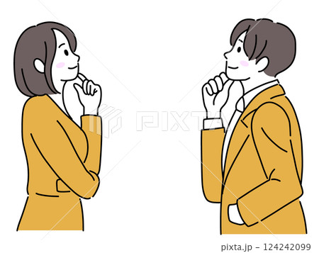 上を向いて考える男性と女性のビジネスパーソン 上を向いて考える男性と女性のビジネスパーソン 124242099