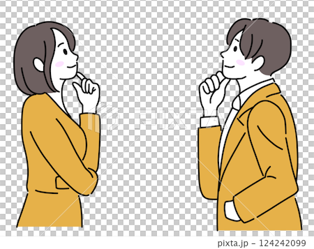 上を向いて考える男性と女性のビジネスパーソン 上を向いて考える男性と女性のビジネスパーソン 124242099