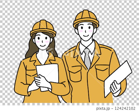 建設業のヘルメットをかぶった作業着の男性と女性の新社会人 124242102