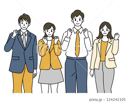 ガッツポーズをする制服の学生とスーツの塾講師 124242105