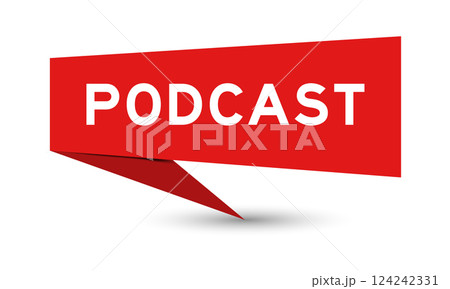 Red color speech banner with word podcast on white background 124242331