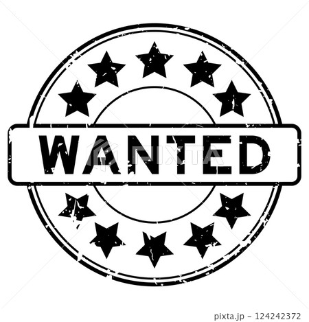 Grunge black wanted word with star icon round rubber seal stamp on white background Grunge black wanted word with star icon round rubber seal stamp on white background 124242372