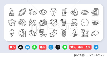 Hazelnut, Sunflower seed and Cold coffee line icons pack. Social media: share, comment, like icons. Coffee beans, Ice creams, Food delivery web icon. Vector Hazelnut, Sunflower seed and Cold coffee line icons pack. Social media: share, comment, like icons. Coffee beans, Ice creams, Food delivery web icon. Vector 124242477
