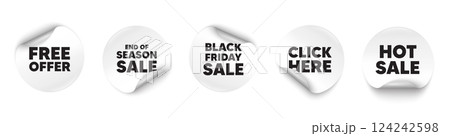 Free offer sticker tag. Season sale, Black friday paper price banners. Free offer tag. Special offer sign. Sale promotion symbol. Click here sticker. Vector 124242598