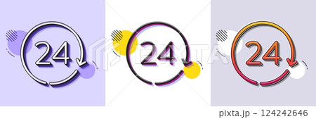 24 hours time line icon. Halftone dotted pattern. Gradient icon with grain shadow. Clock sign. Watch symbol. Line 24 hours icon. Various designs. Vector 124242646