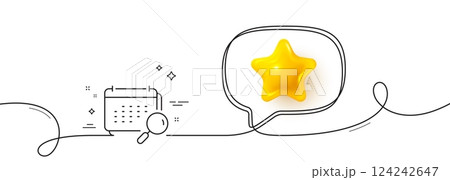 Calendar line icon. Continuous line with 3d star. Annual planner sign. Search Event schedule symbol. 3d star in speech bubble. Calendar single line ribbon. Loop curve pattern. Vector Calendar line icon. Continuous line with 3d star. Annual planner sign. Search Event schedule symbol. 3d star in speech bubble. Calendar single line ribbon. Loop curve pattern. Vector 124242647