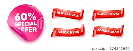 Discount sticker, offer ribbons. Black friday, coming soon. 60 percent discount offer tag. Sale price promo sign. Special offer symbol. Pink sticker tag. Flag ribbon banners. Vector 124242649
