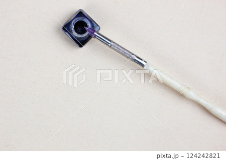 Vintage pen and inkwell on paper background Vintage pen and inkwell on paper background 124242821