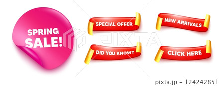 Spring sale sticker, offer ribbons. New arrivals, Click here. Spring Sale tag. Special offer price sign. Advertising Discounts symbol. Pink sticker tag. Flag ribbon banners. Vector 124242851