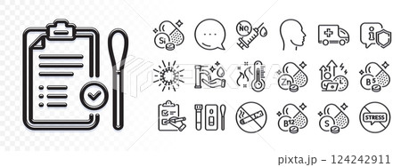 High thermometer, Head and Cobalamin vitamin line icons for web app. Glare of light effect. Message icon. Pack of Pantothenic acid, No smoking, Coronavirus vaccine pictogram icons. Vector 124242911