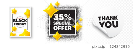 Discount photo frame 3d stars. Thank you sticker banner. 35 percent discount offer tag. Sale price promo sign. Special offer symbol. Black friday poster. Promo background. Vector 124242959