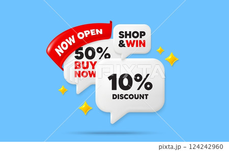 Discount speech bubbles. Now open flag ribbon. 10 percent discount tag. Sale offer price sign. Special offer symbol. Discount chat bubbles with 3d sparkles. Vector Discount speech bubbles. Now open flag ribbon. 10 percent discount tag. Sale offer price sign. Special offer symbol. Discount chat bubbles with 3d sparkles. Vector 124242960