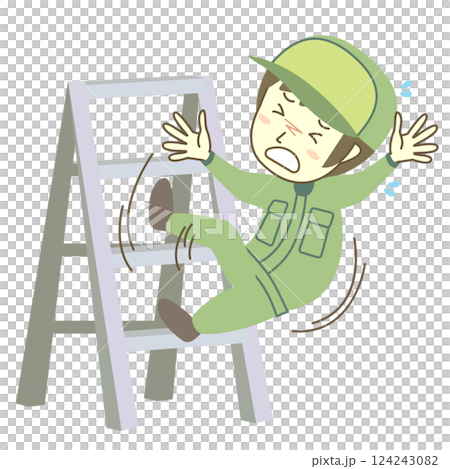 A male worker falls off a stepladder after losing his footing 124243082