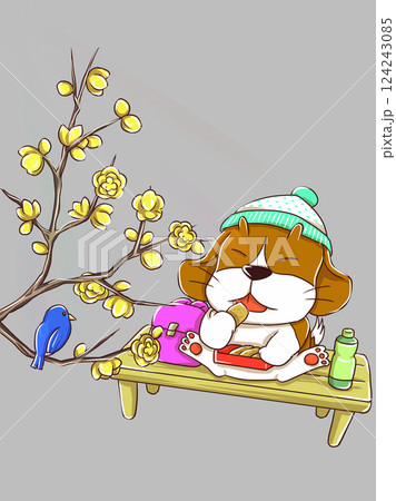 ロウバイの花とお弁当を食べるビーグル犬 124243085