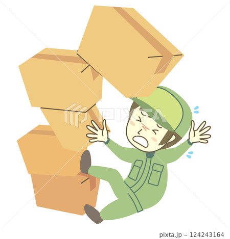 積み上げた段ボール箱が落ちて怪我をする男性配達員 124243164