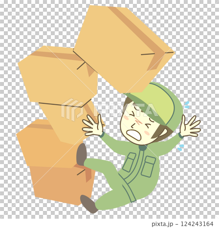 積み上げた段ボール箱が落ちて怪我をする男性配達員 124243164