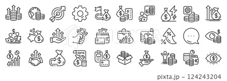 Finance line icons. Settings gear, Message, Inflation icons. Accounting coins, Budget Investment, Trade Strategy icons. Finance management, Budget gain and Business asset. Vector 124243204